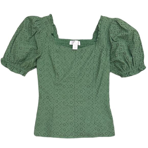 Rachel Parcell Puff Sleeve Green Eyelet Top - Picture 2 of 7
